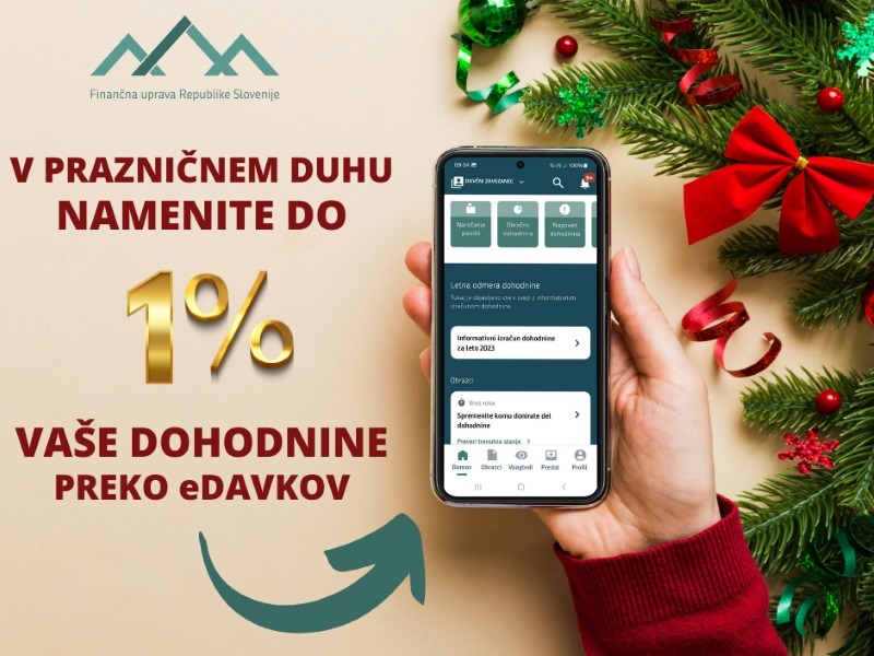 Mobilni telefon ob njem pa napis: V prazničnem duhu namenite 1 % vaše dohodnine preko eDavkov.