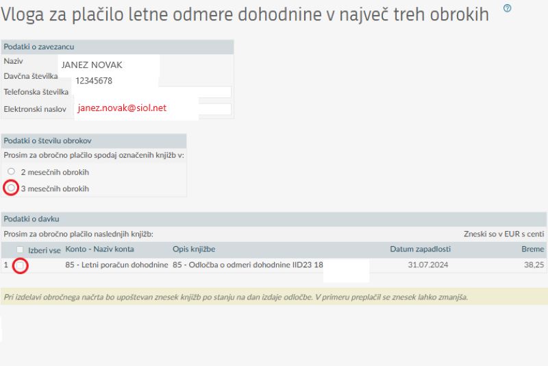 Vloga za plačilo letne odmere dohodnine v največ treh obrokih.