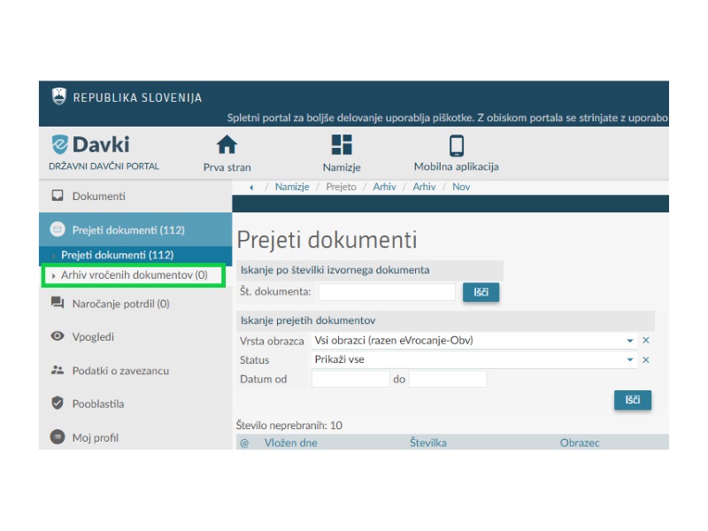 Stran Prejeti dokumenti na portalu eDavki. Označen je tudi naslov: Arhiv vročenih dokumentov..