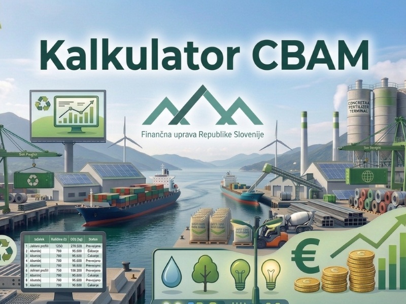 Na sliki je napis: Kalkulator CBAM. Pripomoček za izračun dajatev CBAM. Mehanizem za ogljično prilagoditev na mejah.