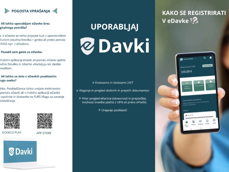 Brošura: Kako se registrirati v eDavke. Roka kaže telefon.