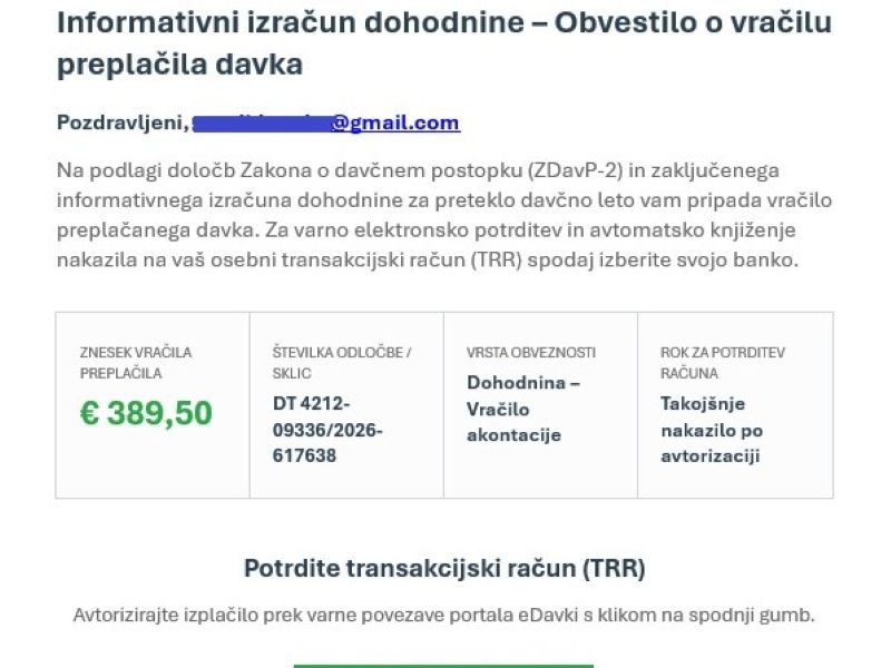 Poskus prevare - Informativni izračun dohodnine.