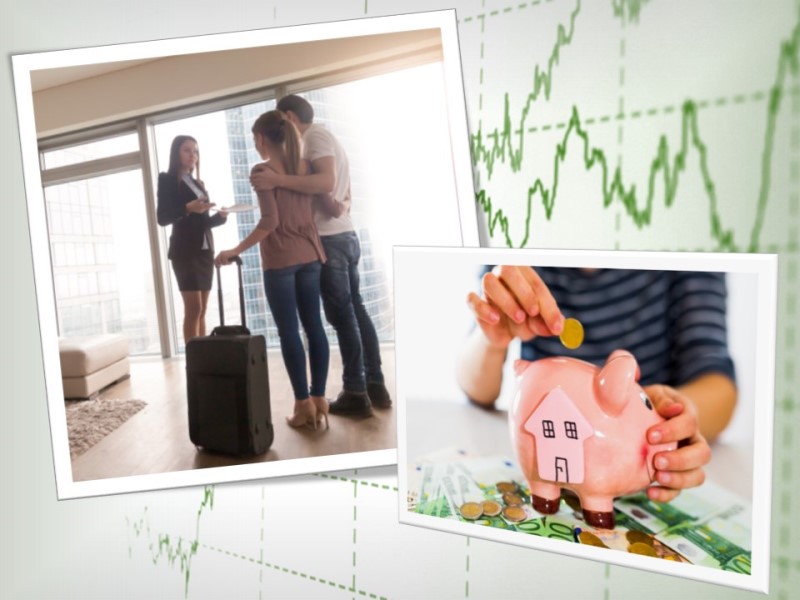 Srečni mladi par v novem najetem stanovanju stoji ob oknu z žensko nepremičninsko agentko, ki razstavlja stanovanje v najem. Ženska roka daje denar v hranilnik.