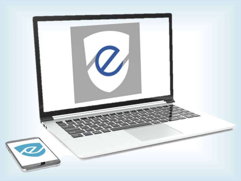 Mobilni telefon in prenosni računalnik s črko e na ekranu.