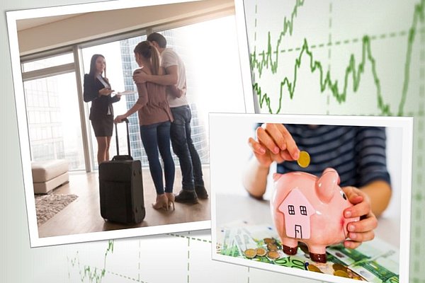  Srečni mladi par v novem najetem stanovanju stoji ob oknu z žensko nepremičninsko agentko, ki razstavlja stanovanje v najem. Ženska roka daje denar v hranilnik.