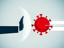Roka ustavlja prihajajoči virus. Napis Ukrepi P K P 10.