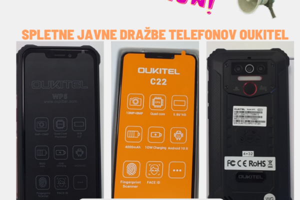  Tri slike telefona, nad katerimi je napis spletne javne dražbe telefonov Oukitel.