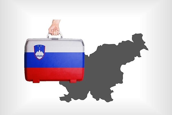  Travel case with slovenian flag and grey picture of slovenian map in the background.